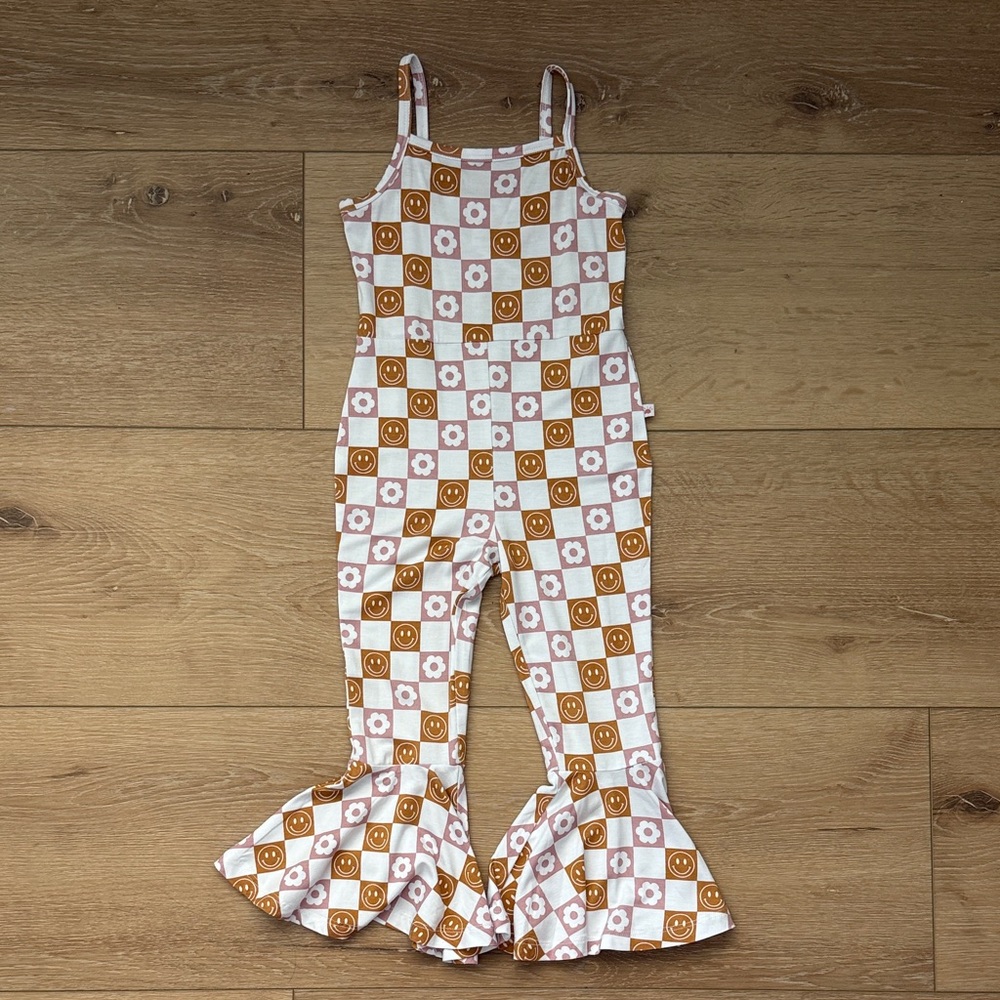 Tullabee Kids Checkerboard Smiley & Flower Ruffle Jumpsuit